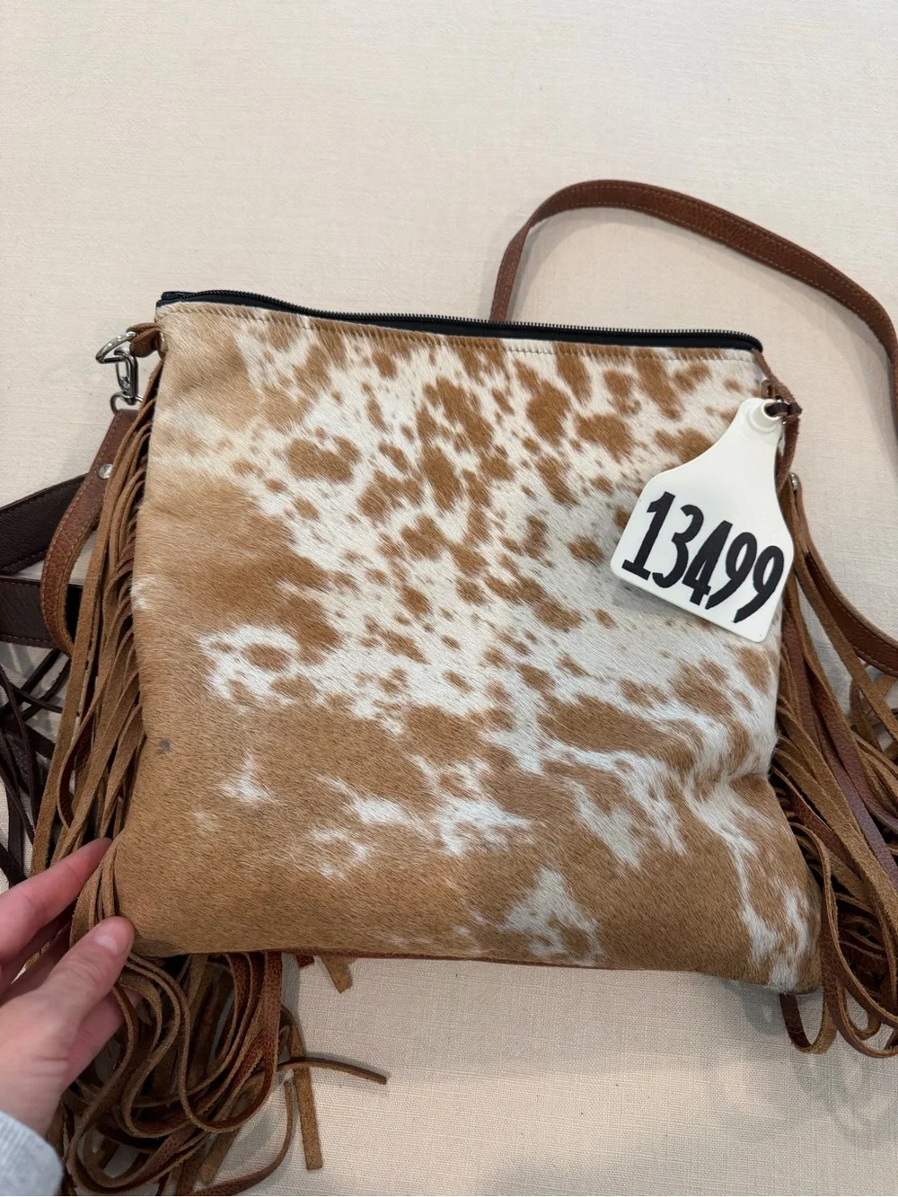 Holy Cow Couture Brown Leather & Cowhide Fringe Crossbody Bag with Aztec Accent